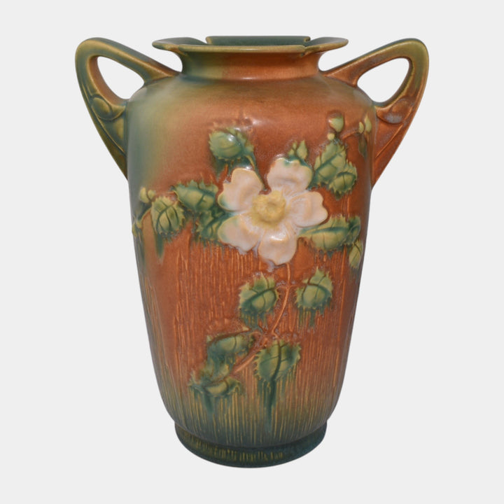 Roseville White Rose Brown 1940 Vintage Art Pottery Ceramic Vase 988-10