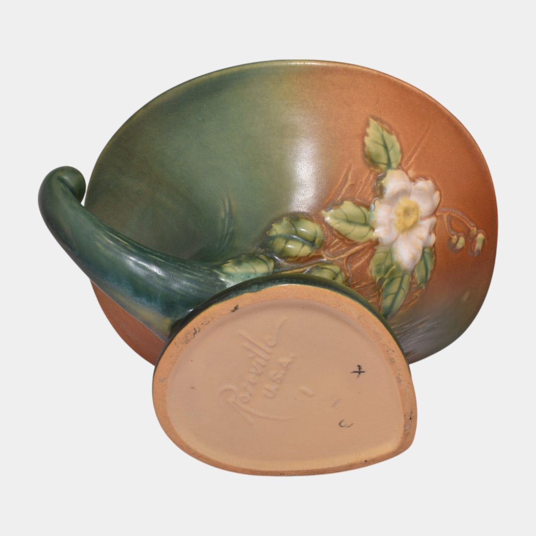 Roseville White Rose Brown Green 1940 Vintage Pottery Cornucopia Flower Frog 1