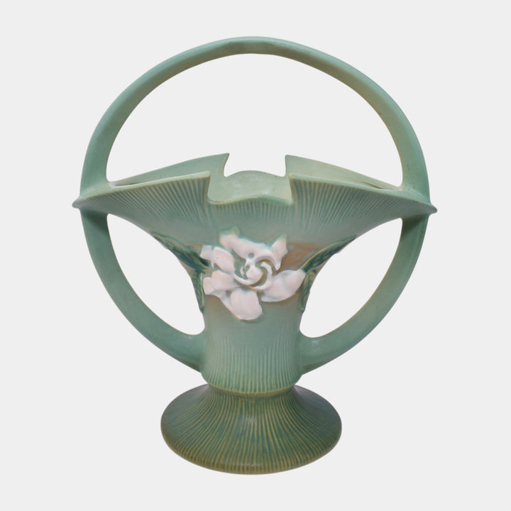 Roseville Gardenia Green 1950 Mid Century Modern Art Pottery Basket 609-10