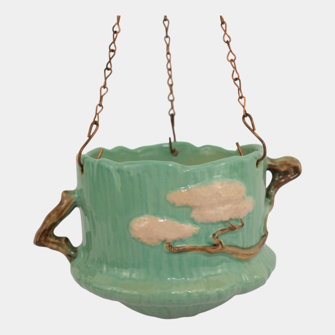 Roseville Ming Tree Green 1949 Vintage Art Deco Pottery Hanging Basket Planter