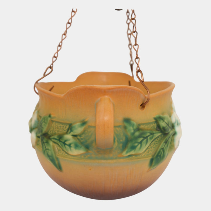 Roseville Gardenia Tan 1950 Mid Century Modern Pottery Hanging Basket 661-5