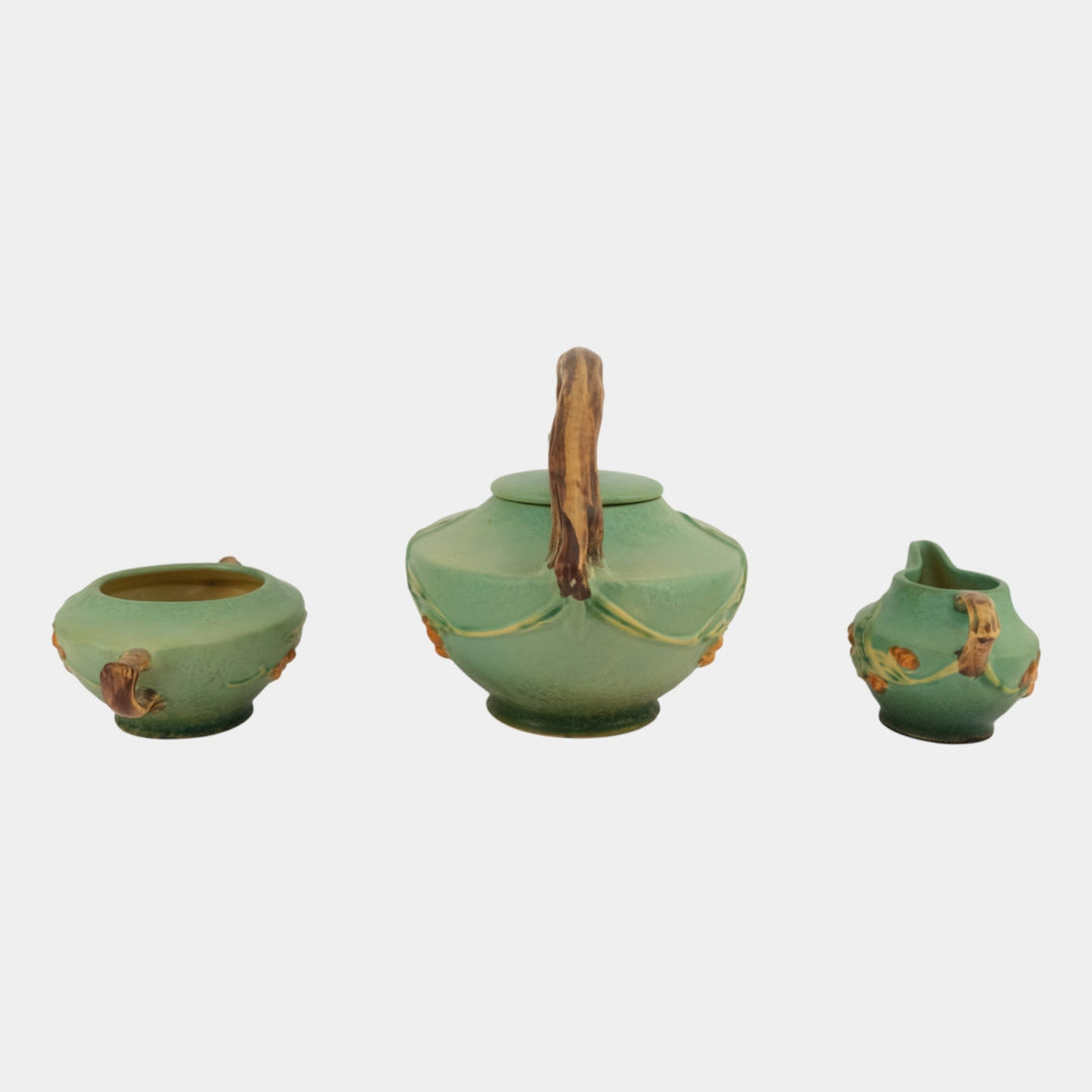 Roseville Bittersweet Green 1951 Pottery Teapot, Sugar Bowl, Creamer Set 871