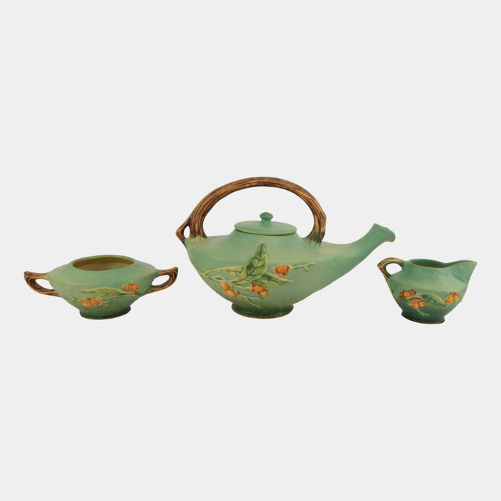 Roseville Bittersweet Green 1951 Pottery Teapot, Sugar Bowl, Creamer Set 871