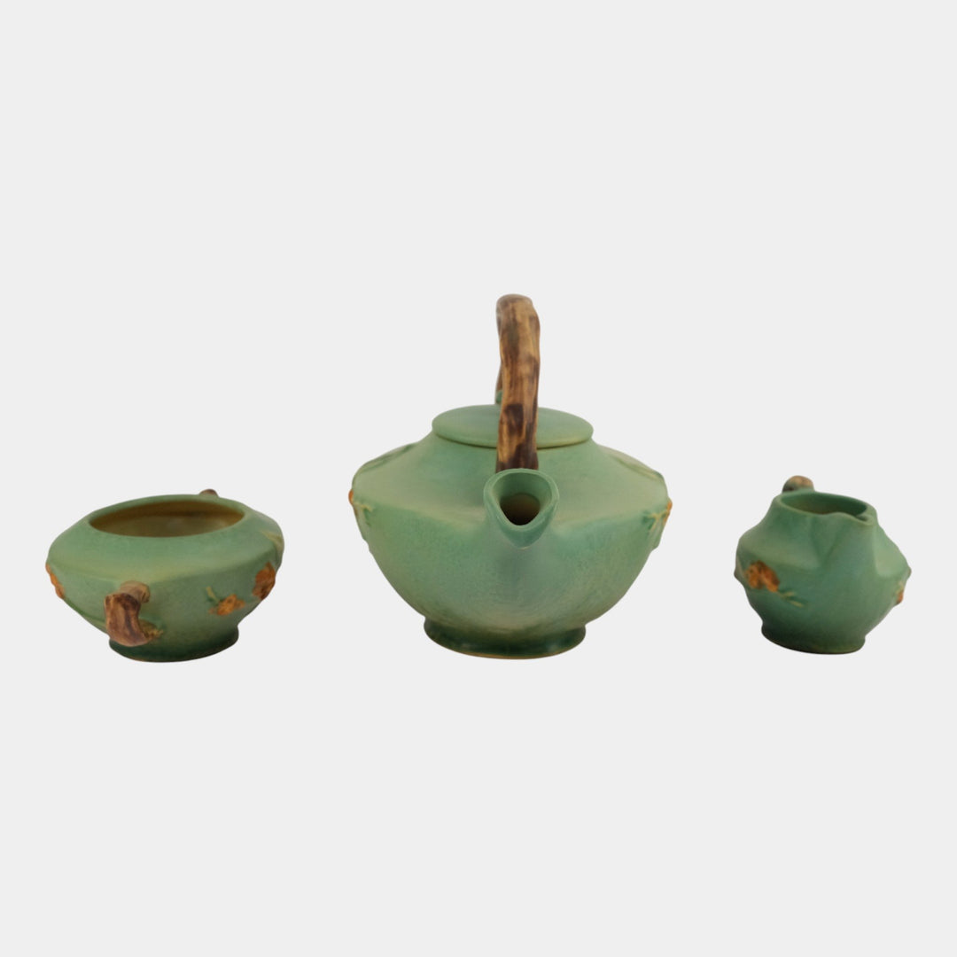 Roseville Bittersweet Green 1951 Pottery Teapot, Sugar Bowl, Creamer Set 871
