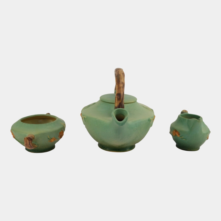 Roseville Bittersweet Green 1951 Pottery Teapot, Sugar Bowl, Creamer Set 871