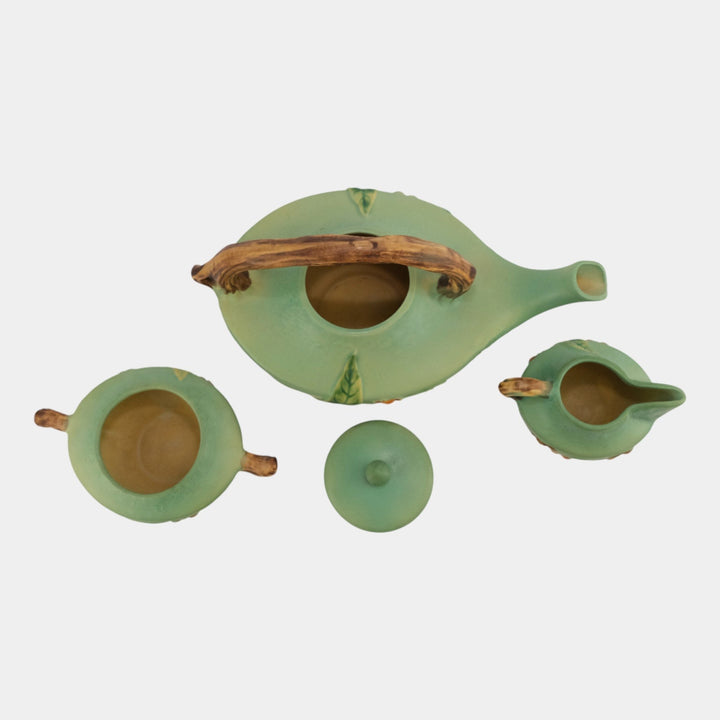 Roseville Bittersweet Green 1951 Pottery Teapot, Sugar Bowl, Creamer Set 871