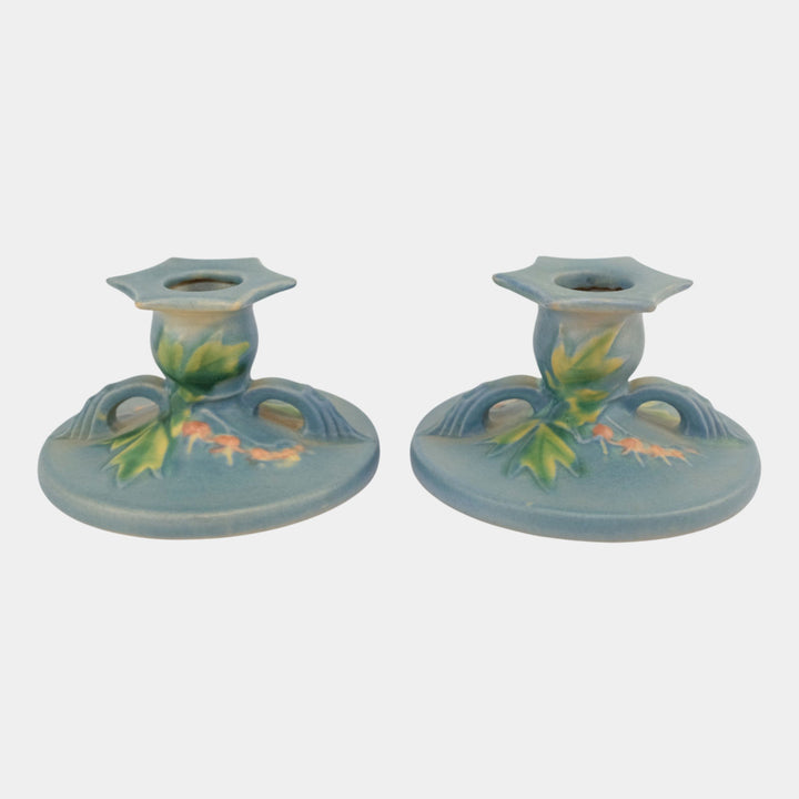 Roseville Bleeding Heart Blue 1940 Vintage Pottery Candle Holders 1140