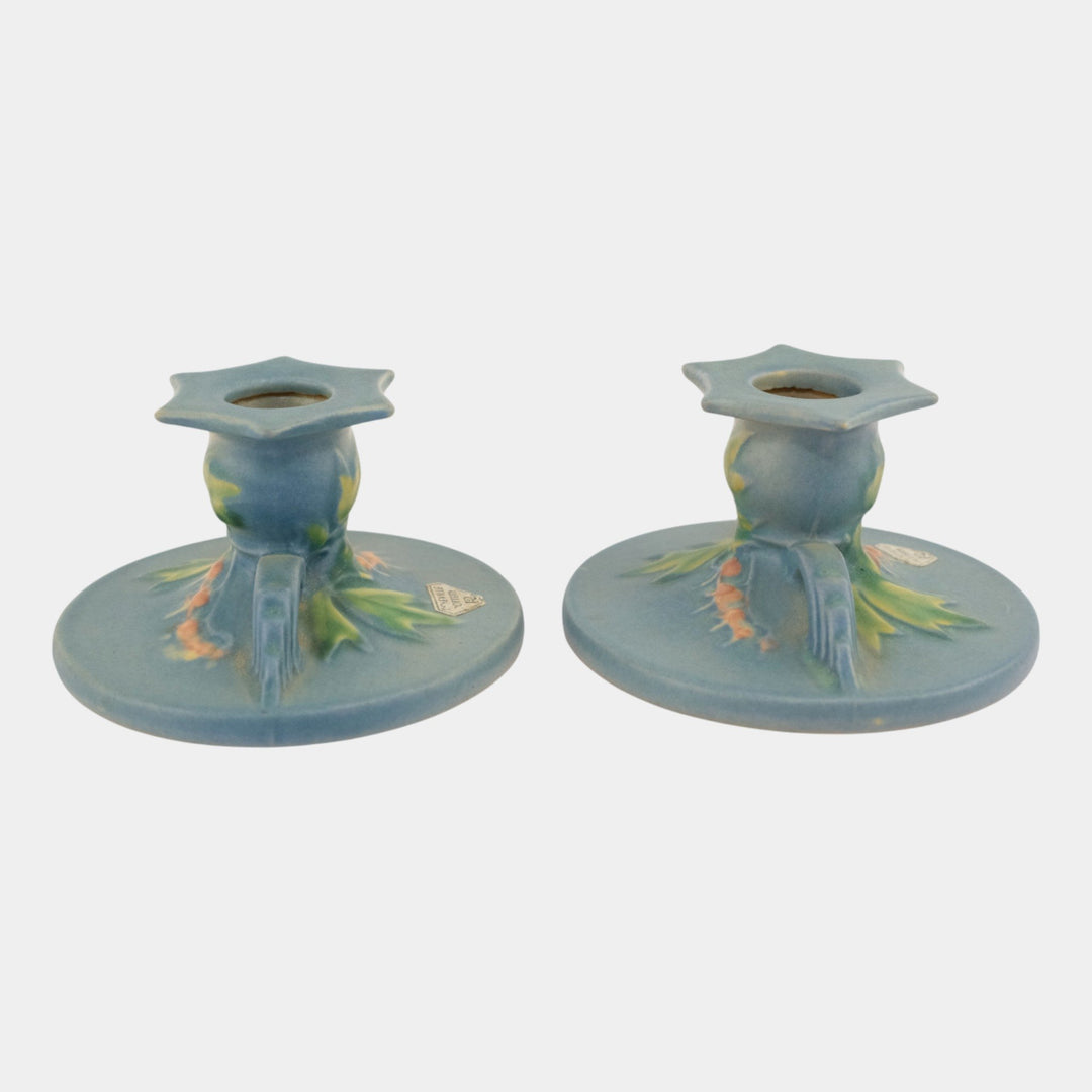 Roseville Bleeding Heart Blue 1940 Vintage Pottery Candle Holders 1140