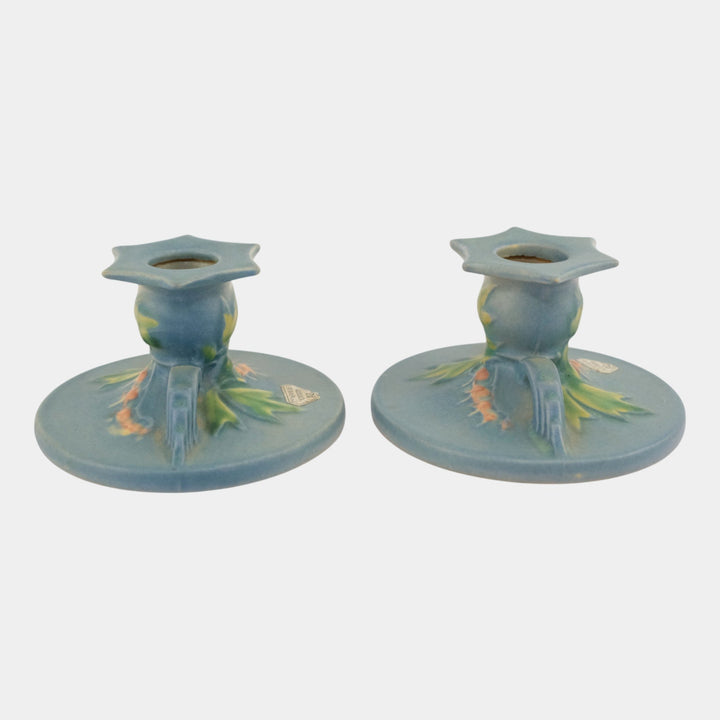 Roseville Bleeding Heart Blue 1940 Vintage Pottery Candle Holders 1140