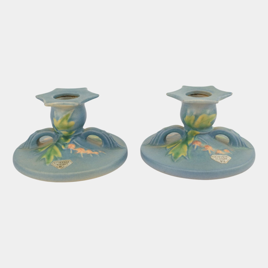 Roseville Bleeding Heart Blue 1940 Vintage Pottery Candle Holders 1140