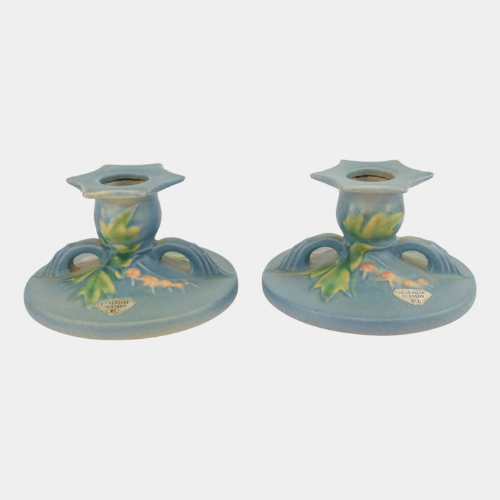 Roseville Bleeding Heart Blue 1940 Vintage Pottery Candle Holders 1140