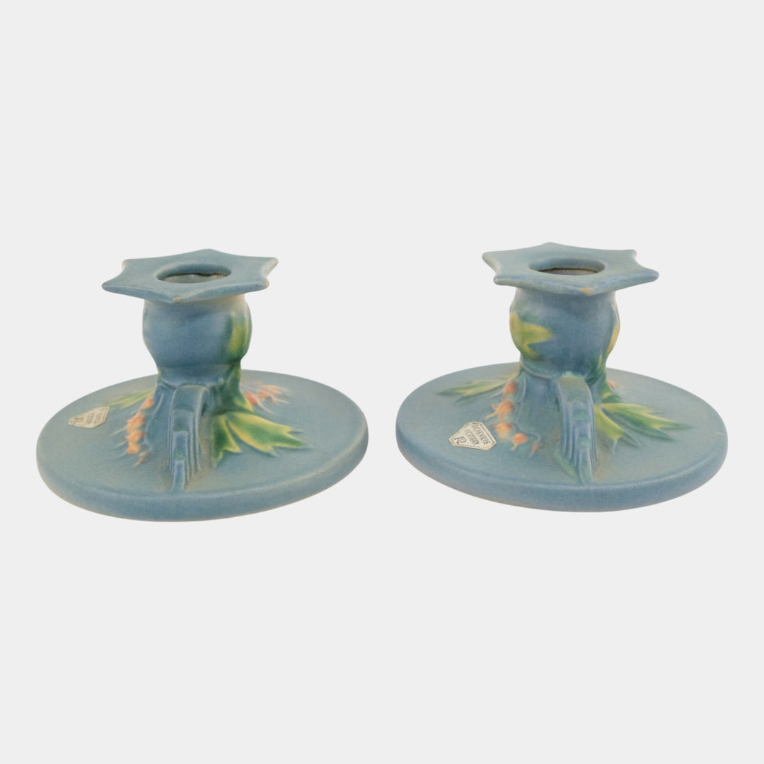 Roseville Bleeding Heart Blue 1940 Vintage Pottery Candle Holders 1140