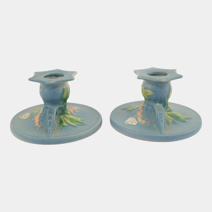 Roseville Bleeding Heart Blue 1940 Vintage Pottery Candle Holders 1140