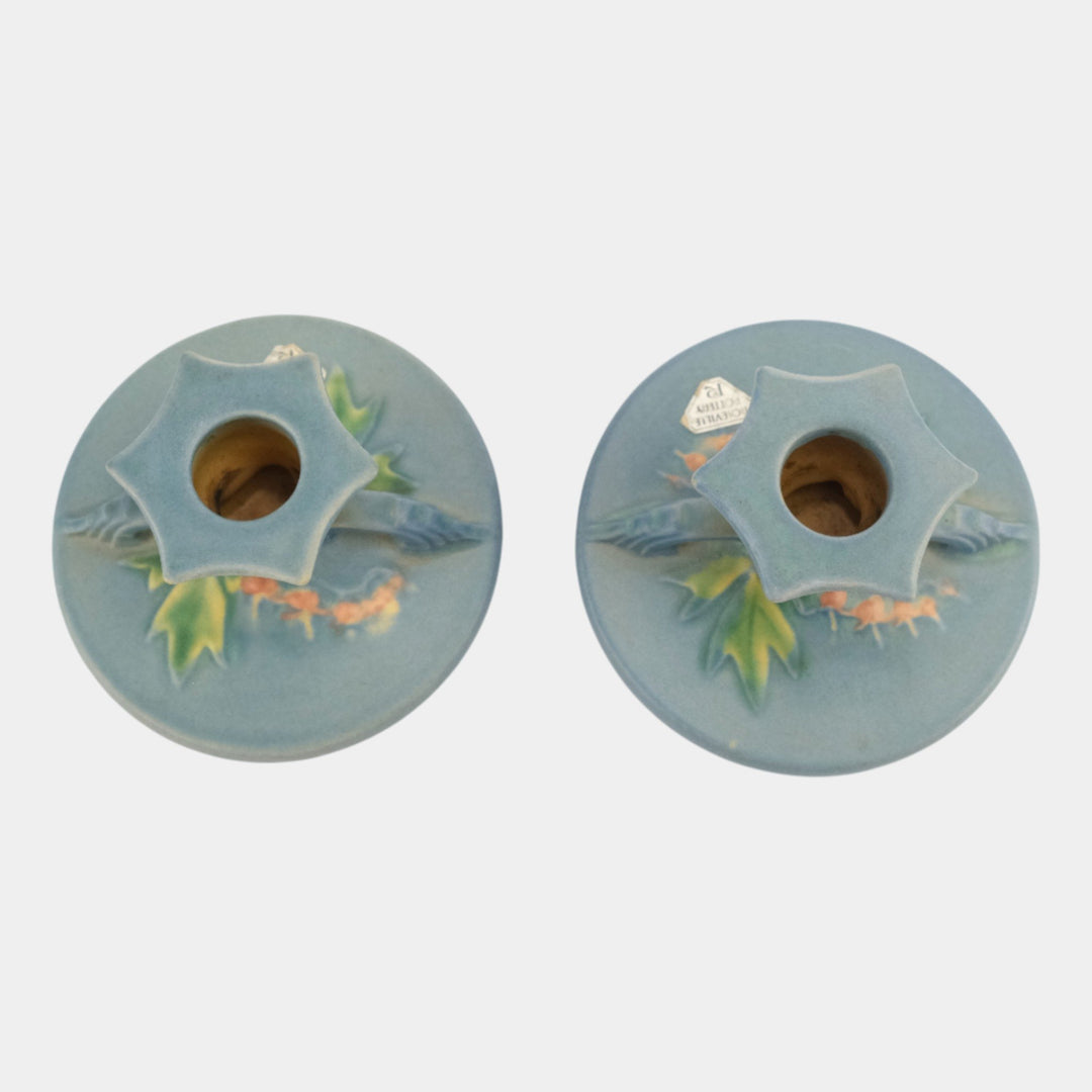 Roseville Bleeding Heart Blue 1940 Vintage Pottery Candle Holders 1140