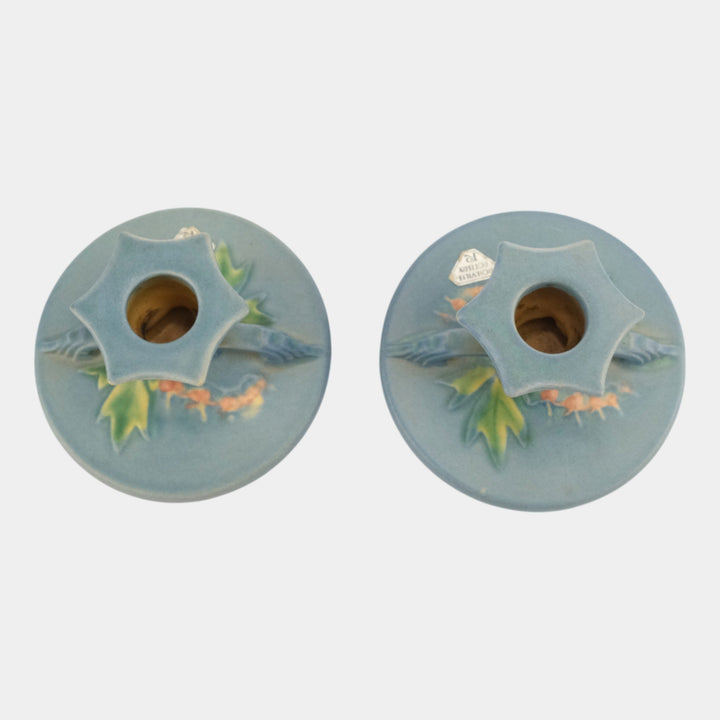 Roseville Bleeding Heart Blue 1940 Vintage Pottery Candle Holders 1140