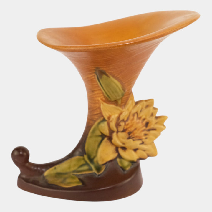 Roseville Water Lily Brown 1943 Vintage Art Pottery Cornucopia Vase 177-6