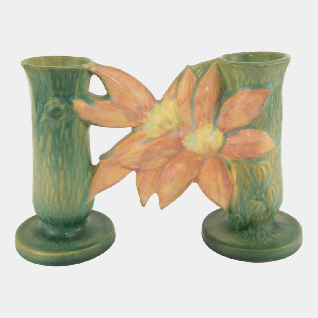 Roseville Pottery Clematis Mid Century Green Double Bud Vase 194-5