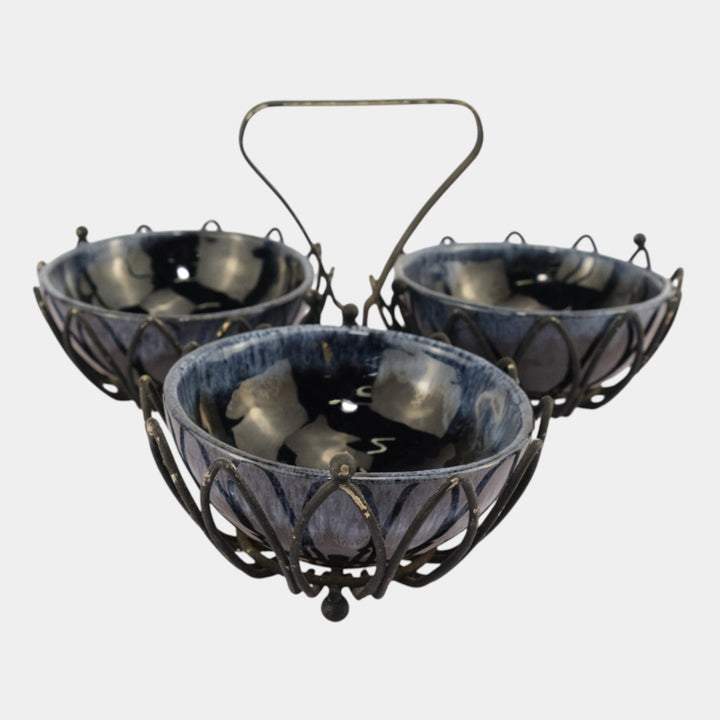 Anna Van Briggle Mid Century Modern Blue Bowl Set with Metal Carrier - Just Art Pottery