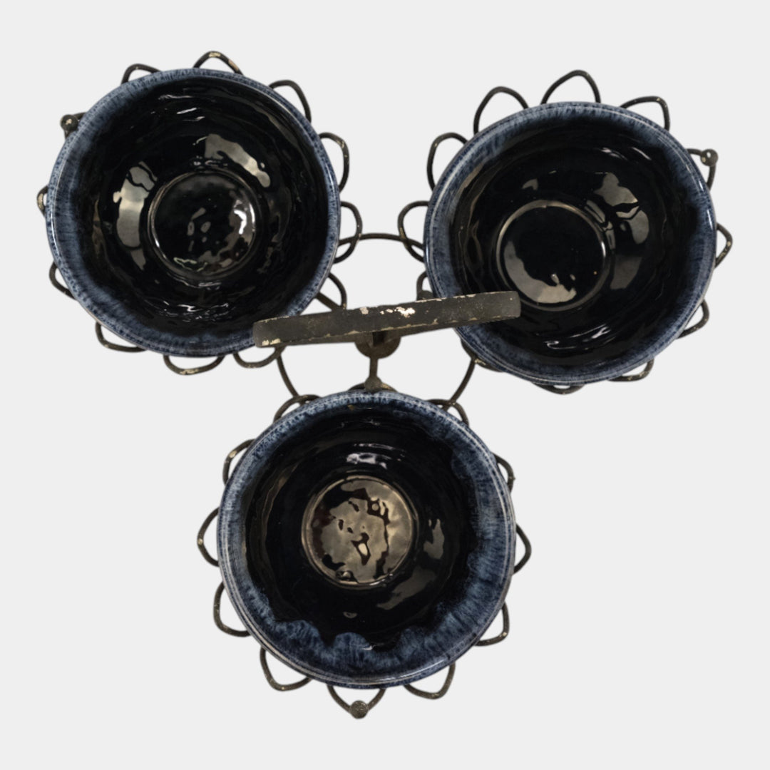 Anna Van Briggle Mid Century Modern Blue Bowl Set with Metal Carrier - Just Art Pottery