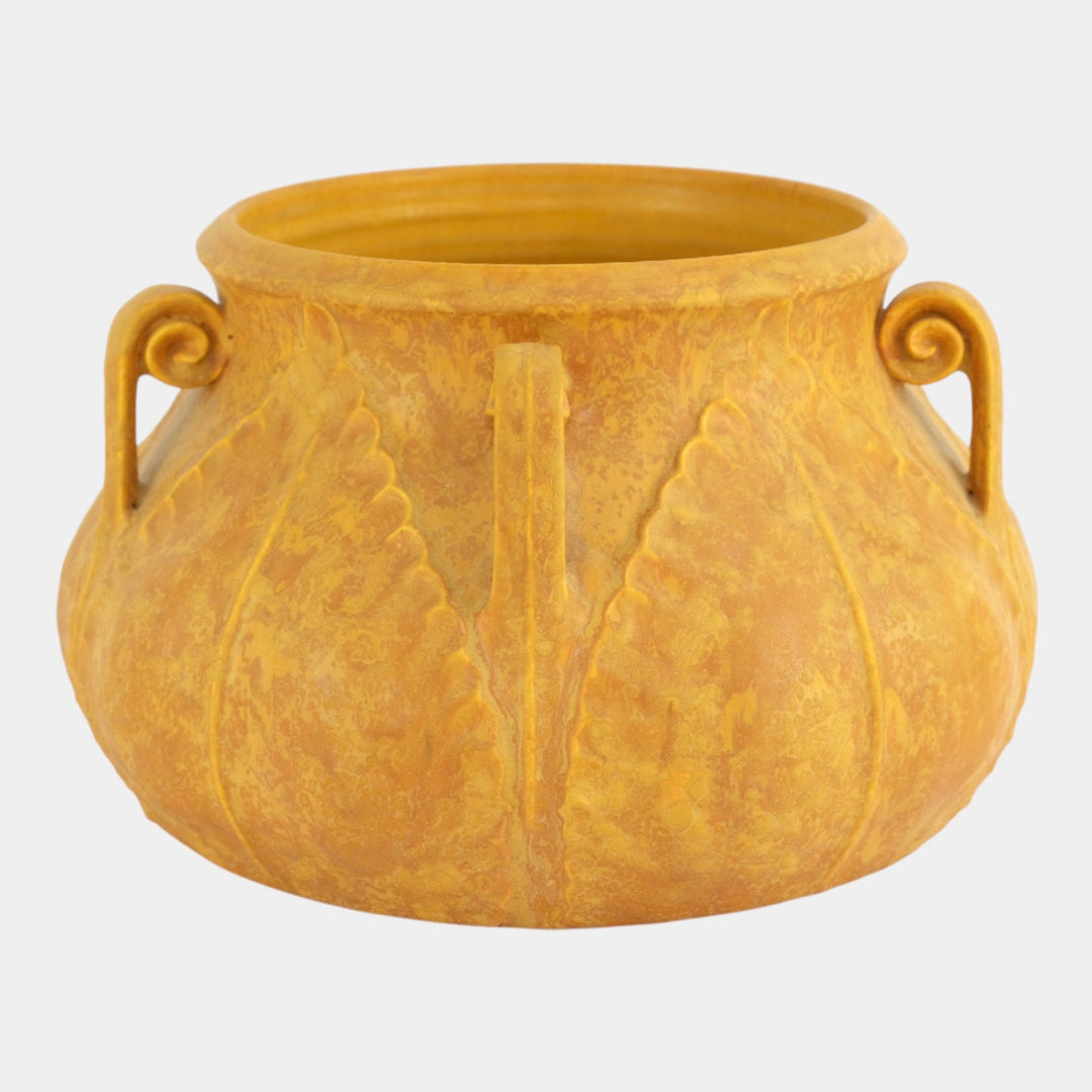 Ephraim Faience 2004 Arts And Crafts Yellow Fiddlehead Pottery Jardiniere - Just Art Pottery