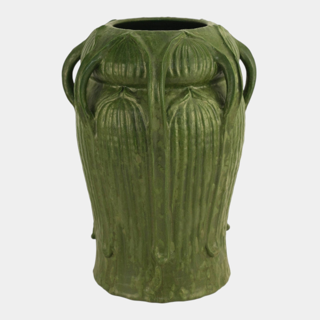 Ephraim Faience 1999 Art Pottery Curdled Green Seven Hand Grueby Style Vase - Just Art Pottery