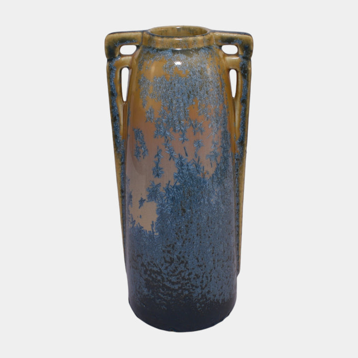 Eljer 1920s Vintage Arts And Crafts Pottery Blue Crystalline Glazed Handled Vase