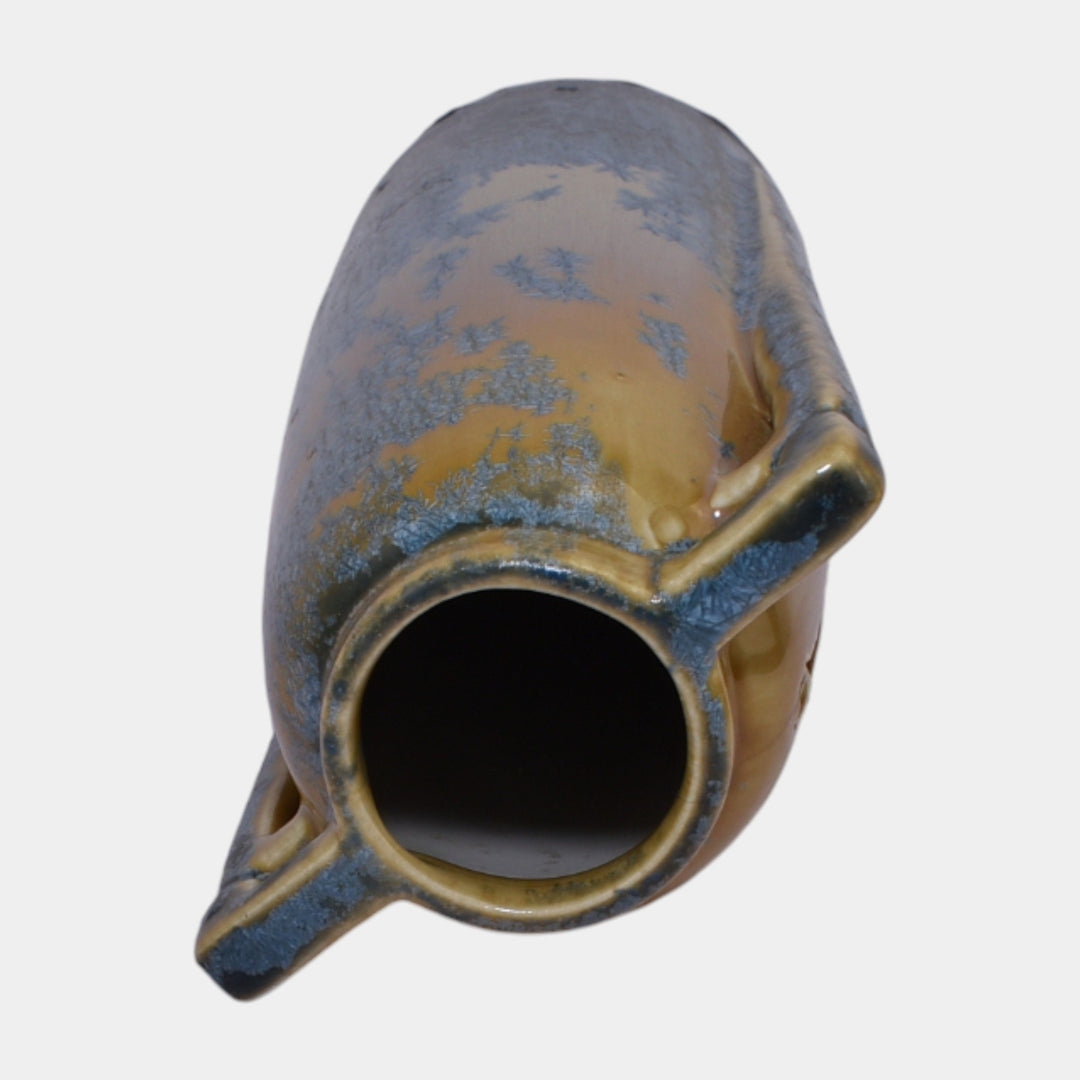 Eljer 1920s Vintage Arts And Crafts Pottery Blue Crystalline Glazed Handled Vase