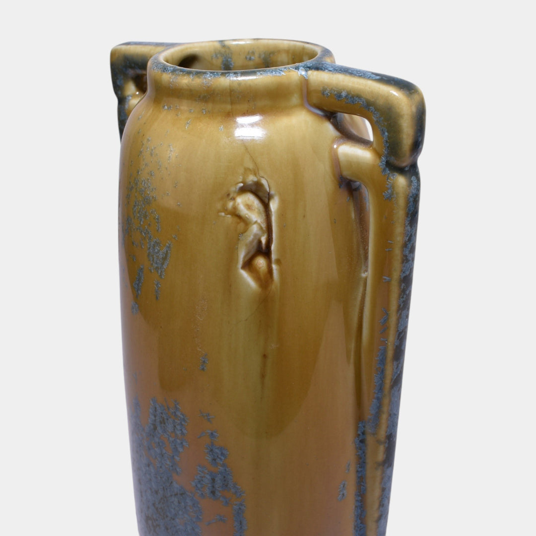 Eljer 1920s Vintage Arts And Crafts Pottery Blue Crystalline Glazed Handled Vase