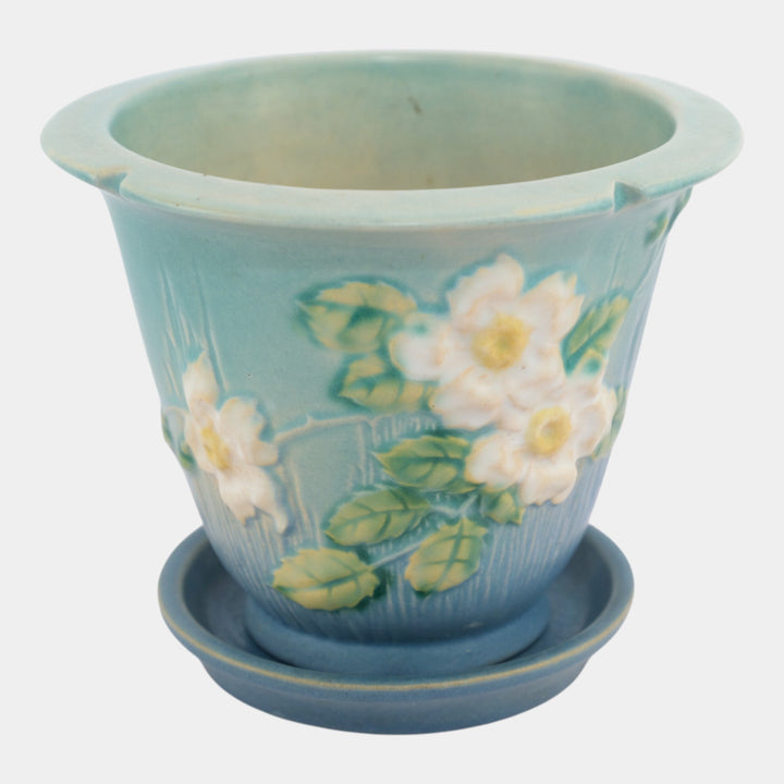 Roseville White Rose Blue 1940 Vintage Pottery Ceramic Flower Pot Planter 654-5