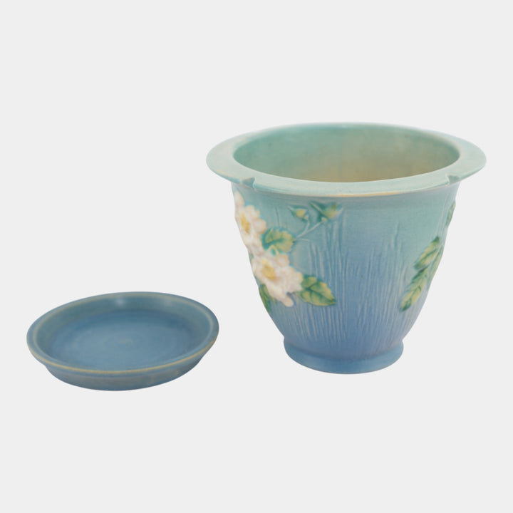 Roseville White Rose Blue 1940 Vintage Pottery Ceramic Flower Pot Planter 654-5