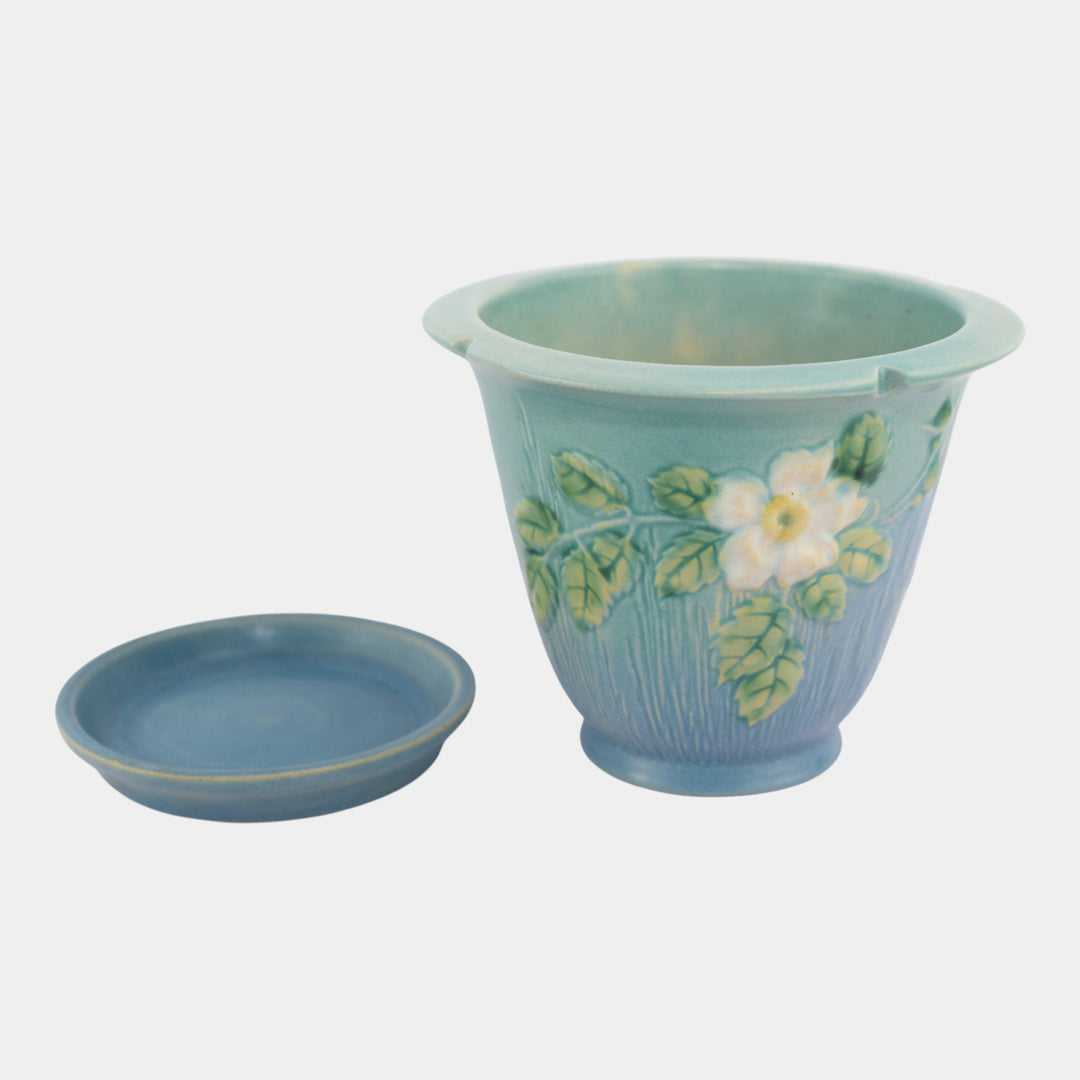 Roseville White Rose Blue 1940 Vintage Pottery Ceramic Flower Pot Planter 654-5