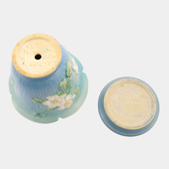 Roseville White Rose Blue 1940 Vintage Pottery Ceramic Flower Pot Planter 654-5