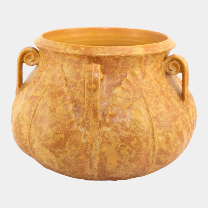 Ephraim Faience 2004 Curdled Yellow Glaze Large Fiddlehead Jardiniere - Just Art Pottery