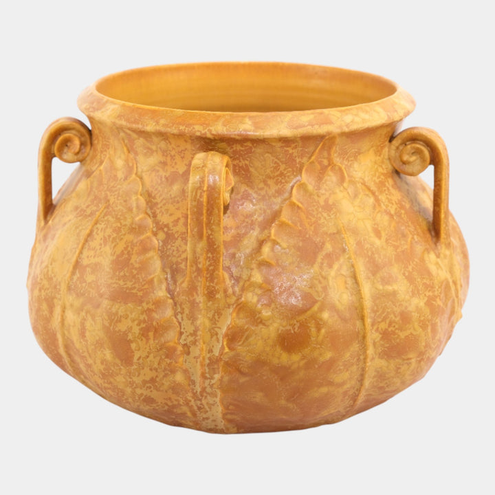 Ephraim Faience 2004 Curdled Yellow Glaze Large Fiddlehead Jardiniere - Just Art Pottery