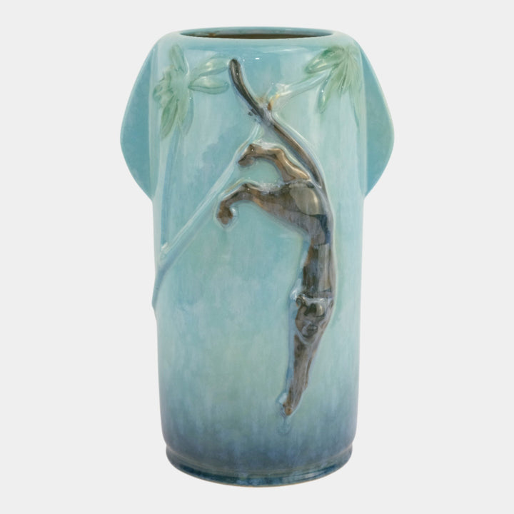 Roseville Wincraft Blue 1948 Mid Century Art Pottery Black Panther Vase 290-11