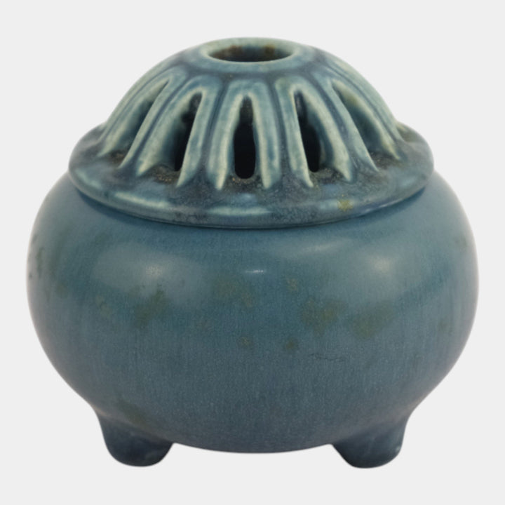 Rookwood Pottery 1920 Footed Blue Matte Glaze Potpourri Pierced Lid Jar 2505