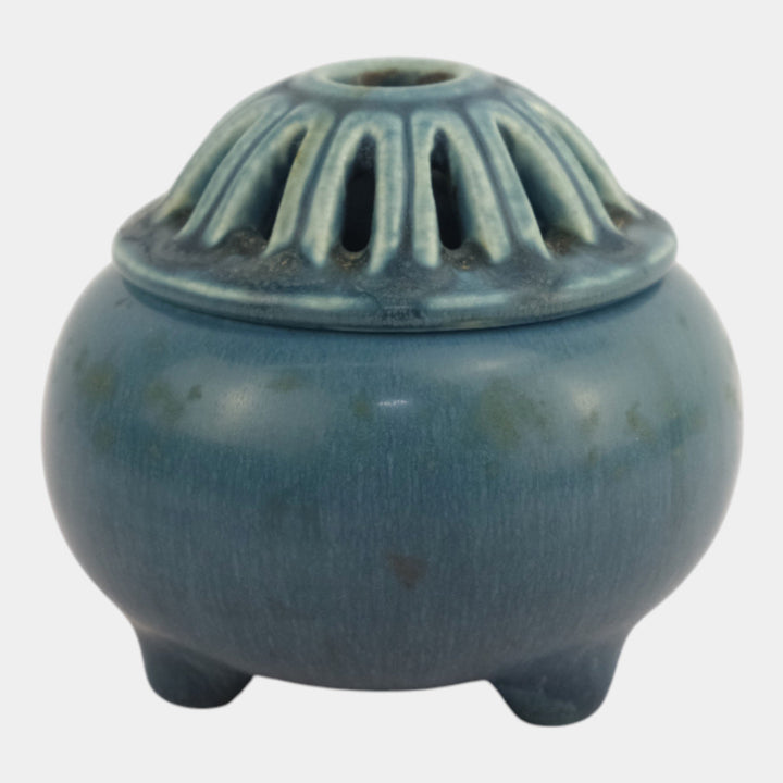 Rookwood Pottery 1920 Footed Blue Matte Glaze Potpourri Pierced Lid Jar 2505