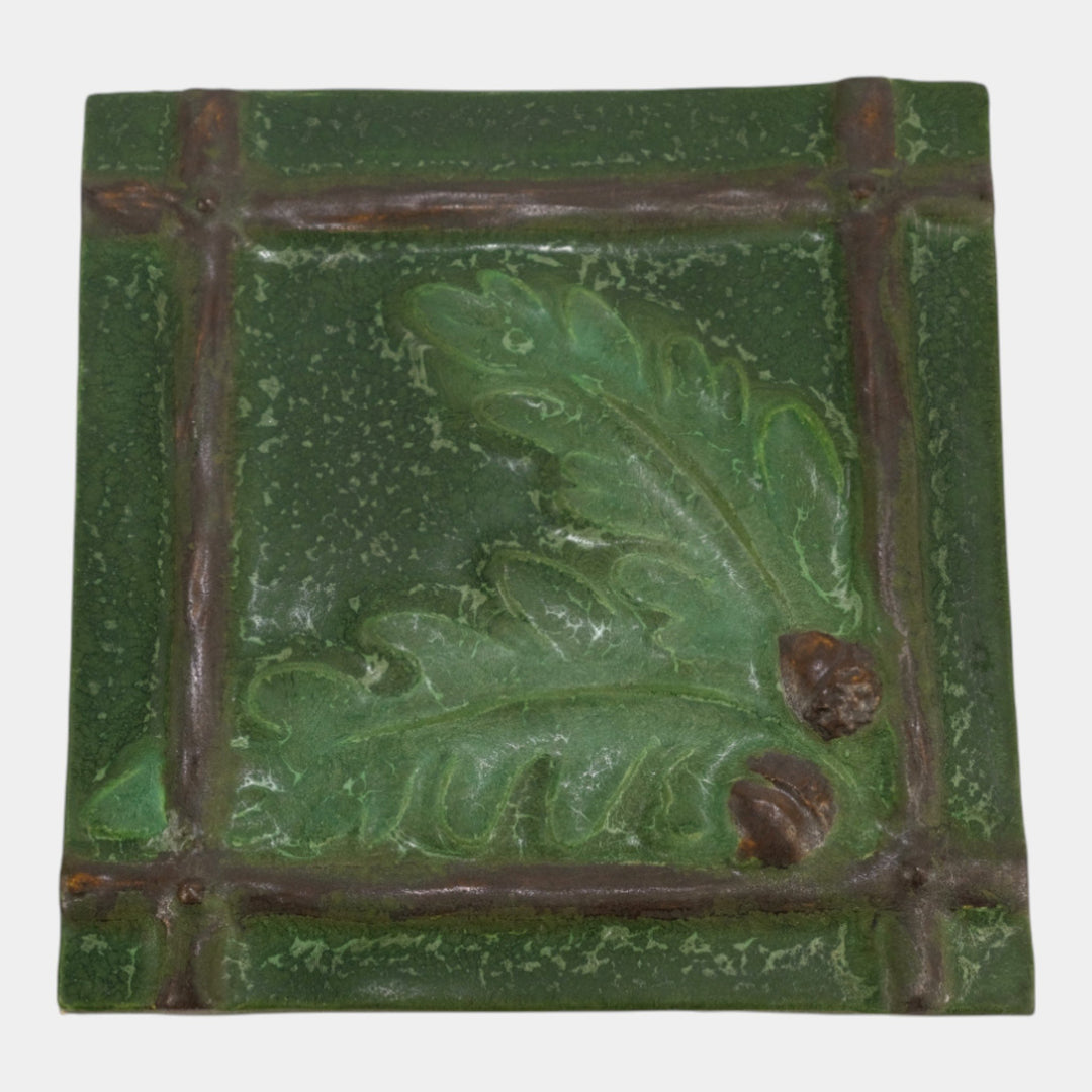 Ephraim Faience 2002 Arts And Craft Matte Green Backyard Oak Art Pottery Tile - Just Art Pottery