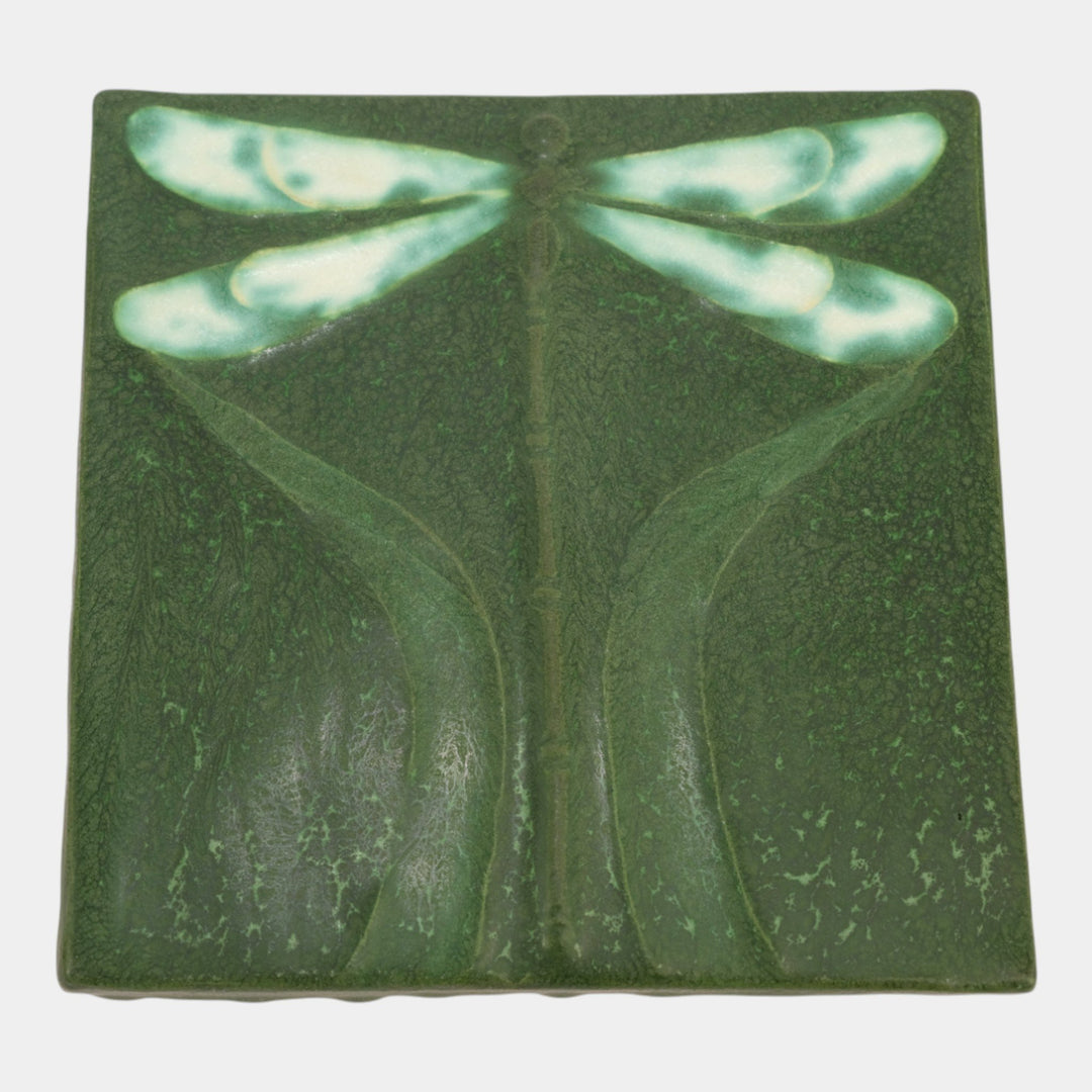 Ephraim Faience 2001 Arts And Crafts Matte Green Dragonfly Art Pottery Tile - Just Art Pottery