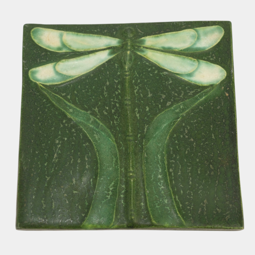 Ephraim Faience 2001 Arts And Crafts Matte Green Dragonfly Art Pottery Tile - Just Art Pottery