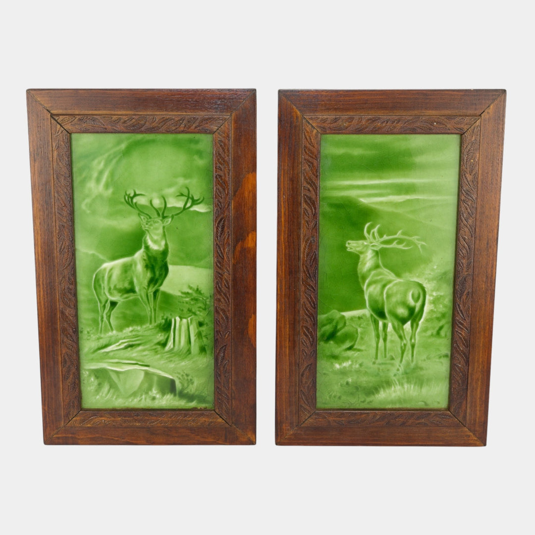 Sherwin And Cotton English 1900s Green Stag Deer Tiles By George Cartlidge