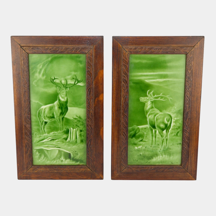 Sherwin And Cotton English 1900s Green Stag Deer Tiles By George Cartlidge
