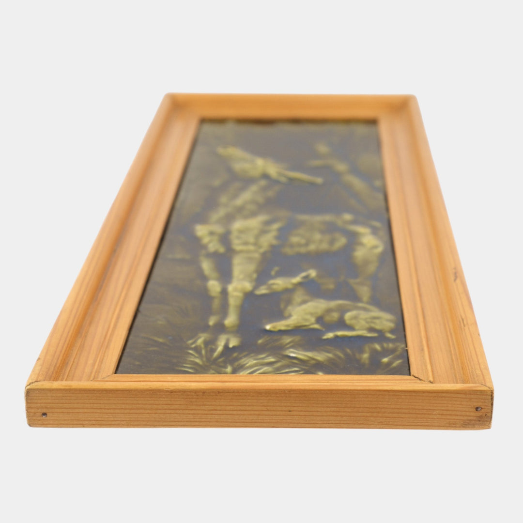 Trent Tile Company 1880s Art Pottery Green Doe and Fawn Low Relief Framed Tile