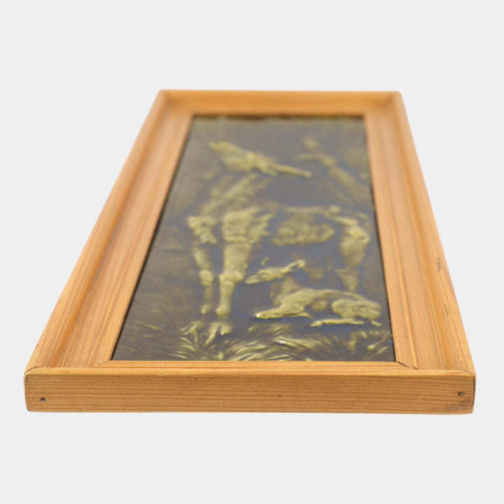 Trent Tile Company 1880s Art Pottery Green Doe and Fawn Low Relief Framed Tile