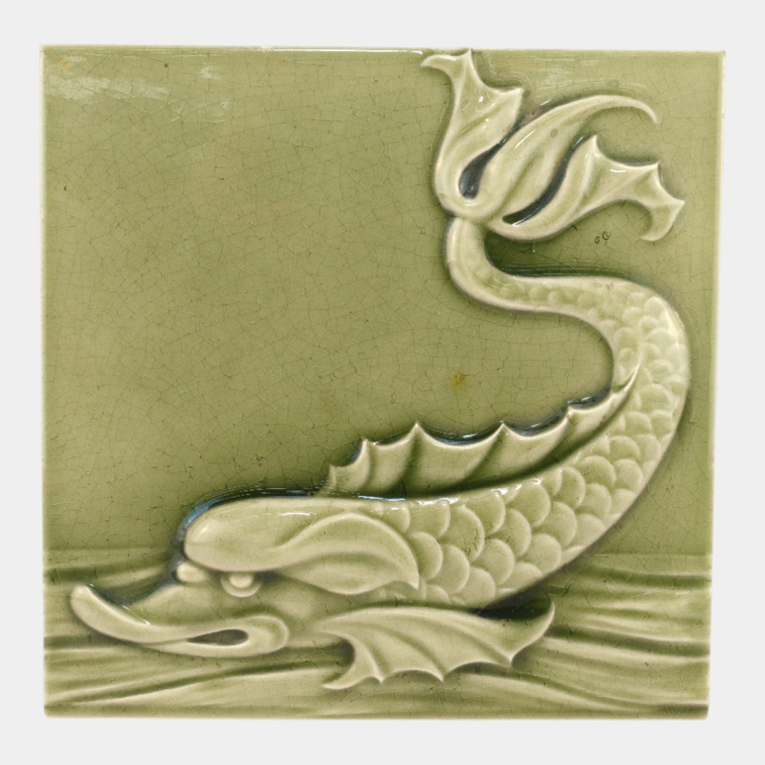 Maw And Co 1880s English Low Relief Art Pottery Glossy Green Sea Serpent Tile