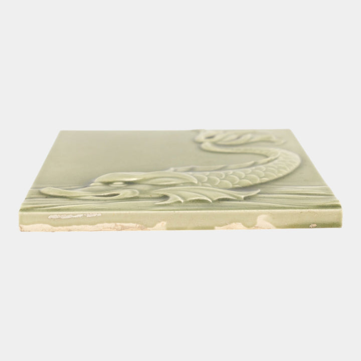 Maw And Co 1880s English Low Relief Art Pottery Glossy Green Sea Serpent Tile