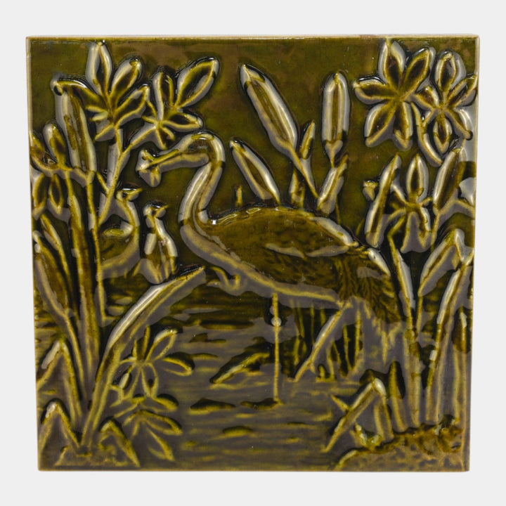 Godwin English Art Pottery Green Glazed Heron Scenic Marsh Tile In Relief