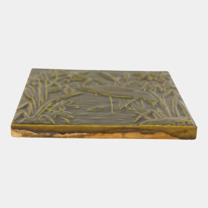 Godwin English Art Pottery Green Glazed Heron Scenic Marsh Tile In Relief