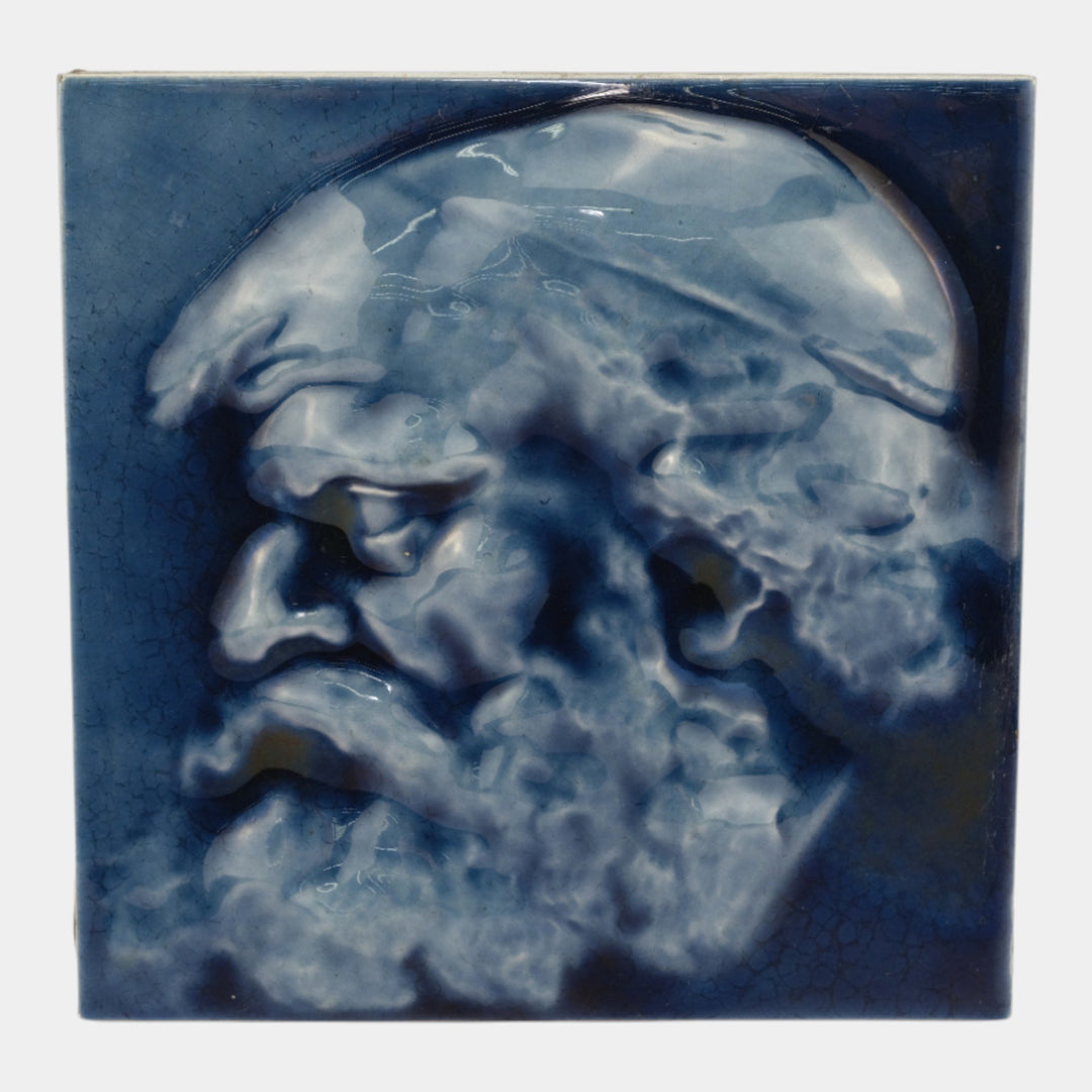 J And JG Low 1880s Art Pottery Blue Glaze Bearded Man Portrait Tile In Relief - Just Art Pottery