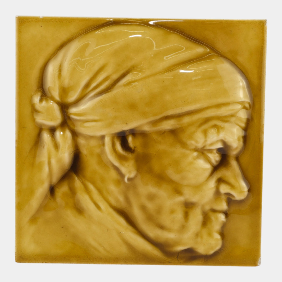 AETCO American Encaustic Art Pottery Brown Glazed Portrait Tile In Relief
